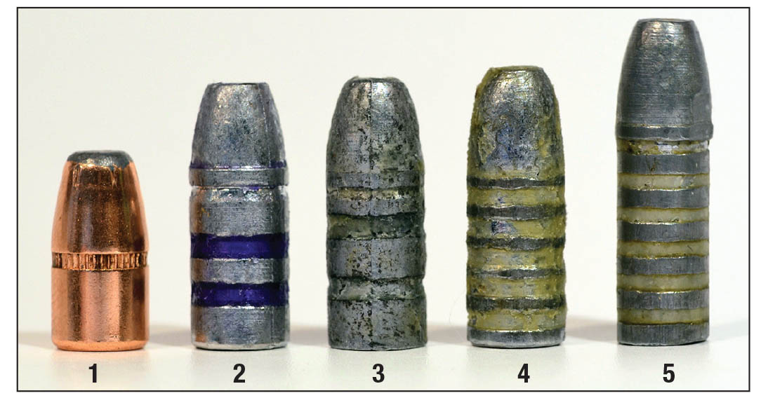 Bullets used in load development included the (1) Hornady 60-grain jacketed flatnose, (2) Missouri Bullet Co. 85 cast,  (3) Ideal 85 No. 257283, (4) Ideal 91 and a (5) 100 No. 25720. Ideal mould No. 25720 is adjustable for casting bullets from  40 to 100 grains.